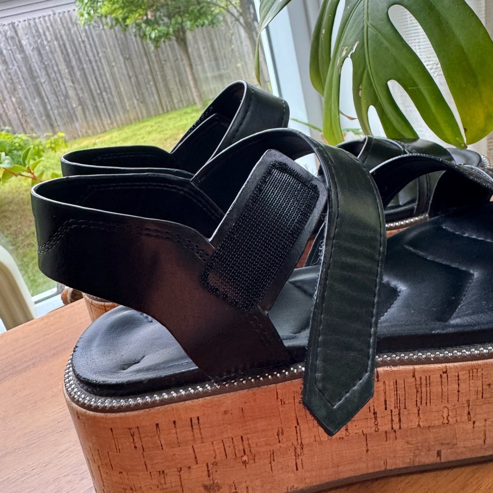 Franco Sarto Black Leather Cork Platform Sandals - Picture 7 of 11